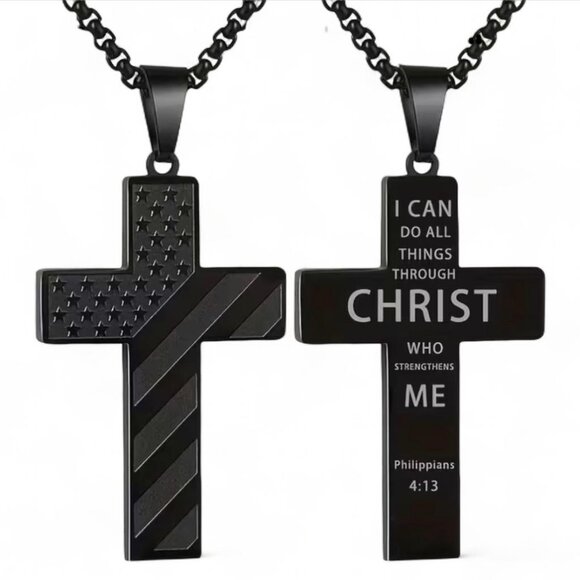 NEW - STAINLESS STEEL CROSS NECKLACE PHIL 4.13 BLACK/BLACK 24 INCH CHAIN - Picture 1 of 4